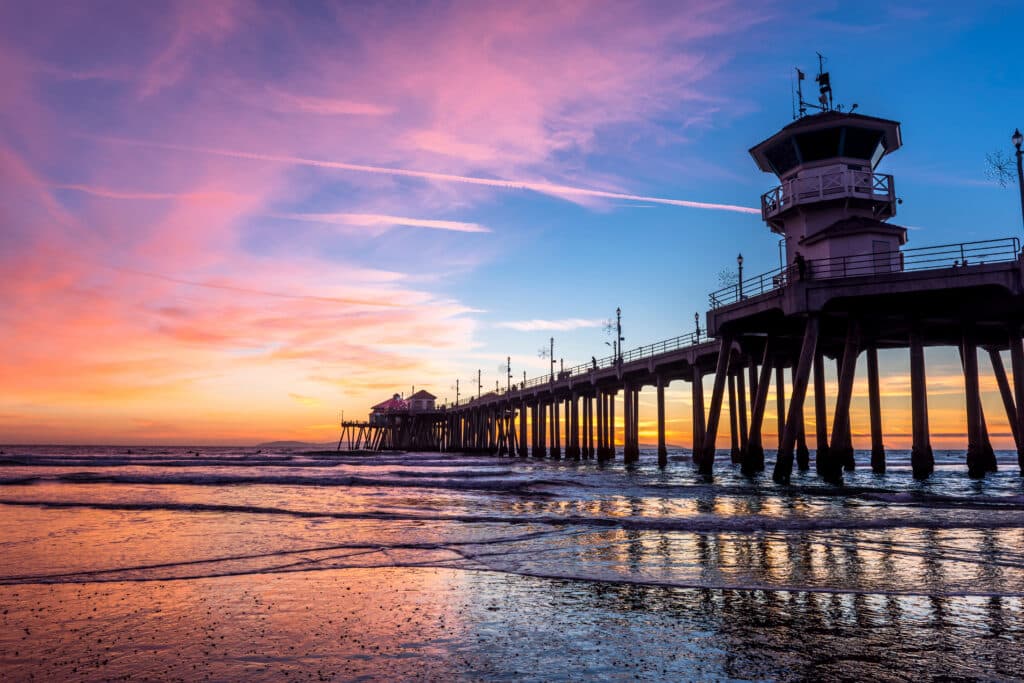 Huntington Beach pier at sunset near rehab and substance abuse treatment in Orange County